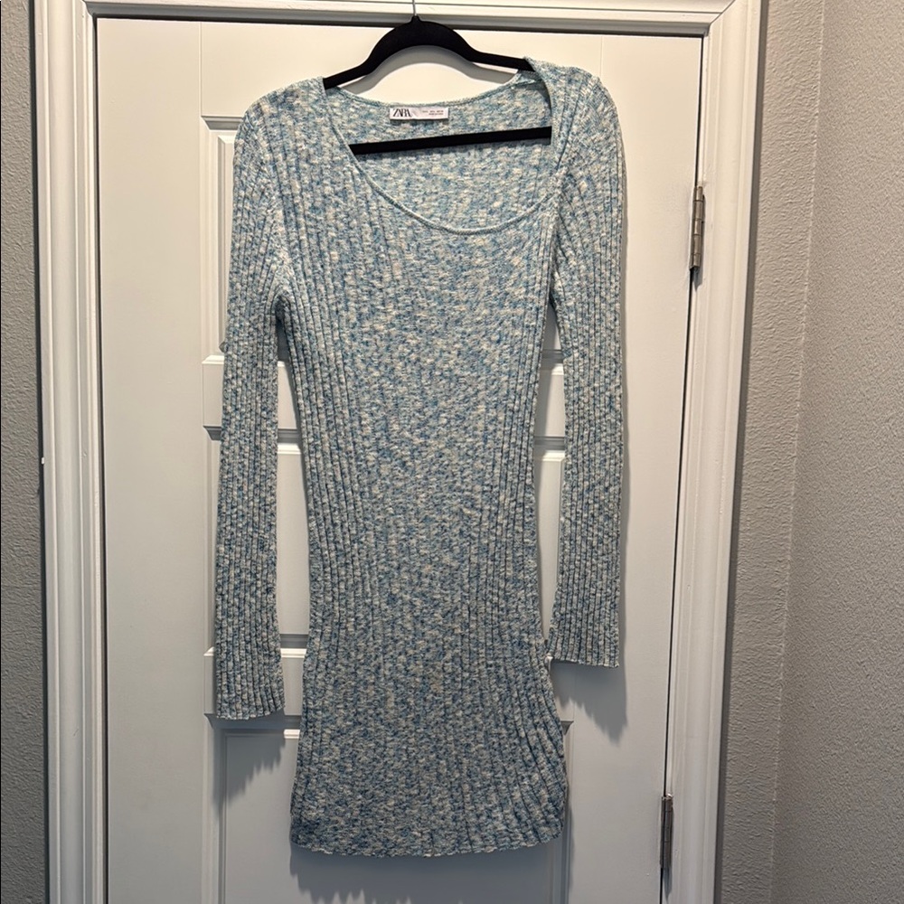Zara Blue Ribbed Bodycon Dress Scoop Neck Long Sleeve